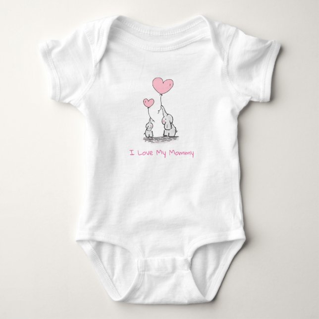 I Love My Mummy! Elephants and Pink Balloons Baby Bodysuit (Front)