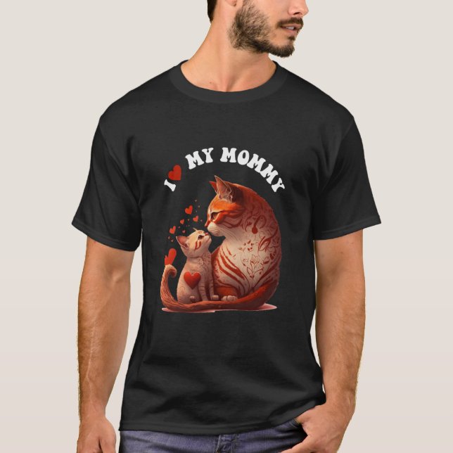 I Love My Mummy Mama cat hugs kitten Red Heart Gir T-Shirt (Front)