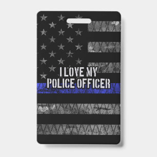 I Love My Police Officer Thin Blue Line Distressed ID Badge