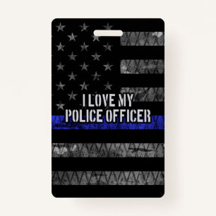 I Love My Police Officer Thin Blue Line Distressed ID Badge