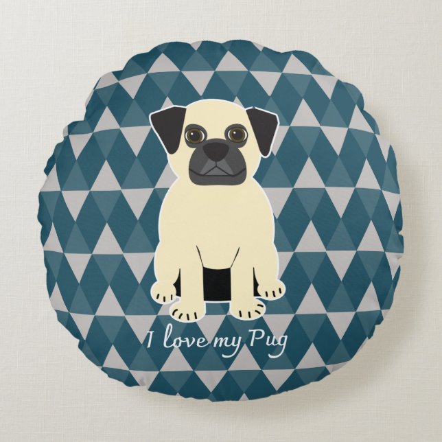 I love my Pug, Blue diamonds pattern Round Cushion (Front)