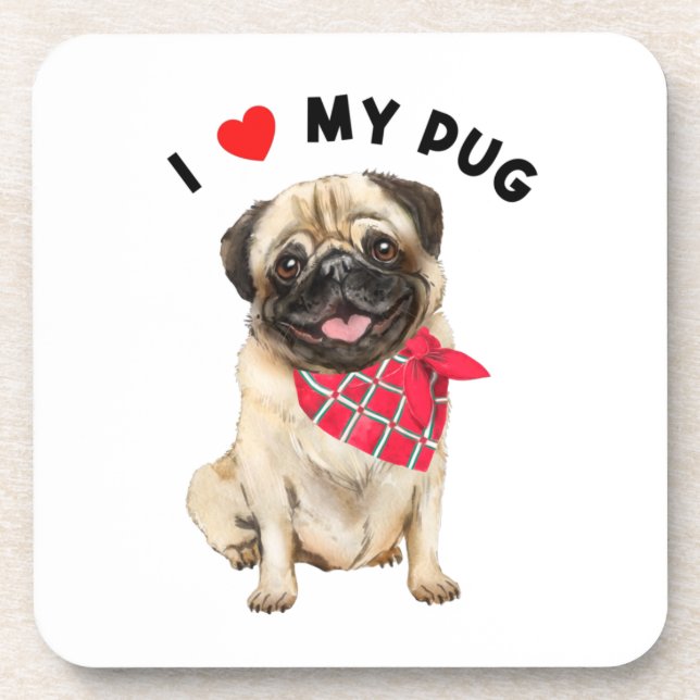 I Love My Pug Cute Pug Puppy Dog with Scarf Art  Coaster (Front)