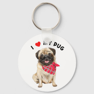 I Love My Pug Cute Pug Puppy Dog with Scarf Art Key Ring
