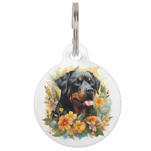 I Love My Rottweiler Floral Dog Portrait Pet Tag