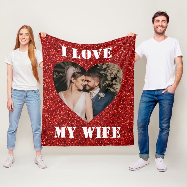 I Love My Wife Heart Custom Photo Red Glitter Love Fleece Blanket (In Situ)