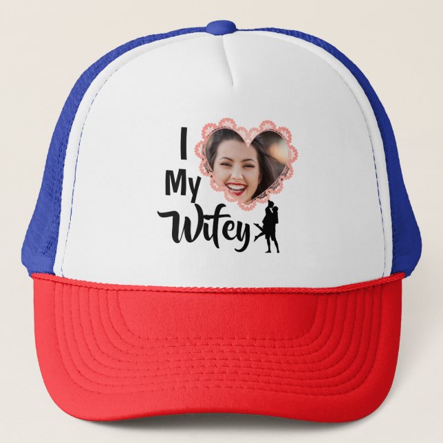 I Love My Wifey Heart Wedding Personalised Photo T Trucker Hat (Front)