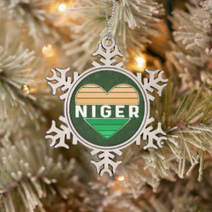 I Love Niger, Nigerien Heart Snowflake Pewter Christmas Ornament