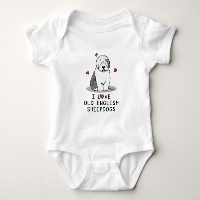 I Love Old English Sheepdogs (Grey 1) Cute OES Baby Bodysuit (Front)