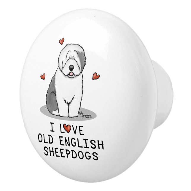I Love Old English Sheepdogs (Grey 1) Cute OES Ceramic Knob (Right)