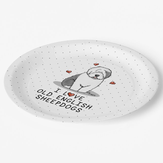 I Love Old English Sheepdogs (Grey 1) Cute OES Paper Plate (Angled)