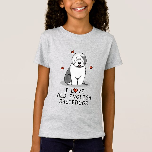 I Love Old English Sheepdogs (Grey 1) Cute OES T-Shirt (Front)