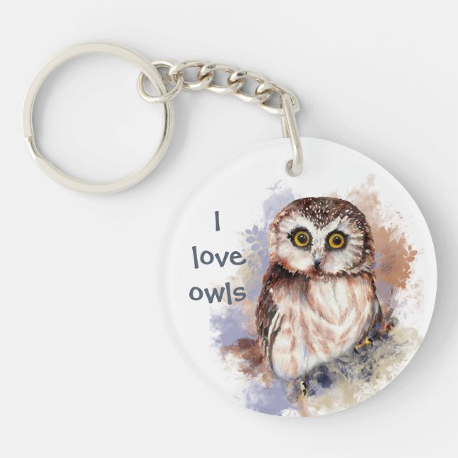 "I love Owls" Cute Watercolor Owl Quote Key Ring (Front)