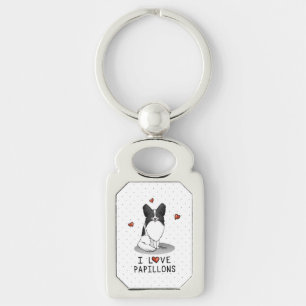 I Love Papillons (white & black) Hearts Dogs Cute Key Ring