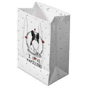 I Love Papillons (white & black) Hearts Dogs Cute Medium Gift Bag