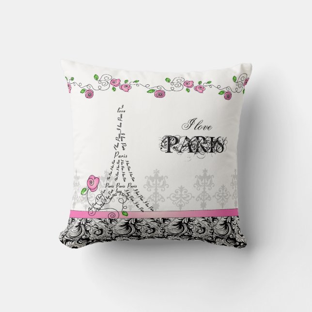 I Love Paris Pillow White Pink Black Roses (Front)