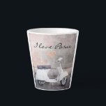 I Love Paris White Motor Scooter Latte Mug<br><div class="desc">I love Paris latte mug with a cute white motor scooter,  and a little pink heart. For those who truly love Paris. A souvenir for those who have visited Paris,  the city of light. Cafe with tables and chairs and pink flowers on awning.</div>