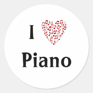 I Love Piano Red Heart of Music Notes Classic Round Sticker