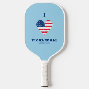 I Love Pickleball American Flag Heart   Name    Pickleball Paddle
