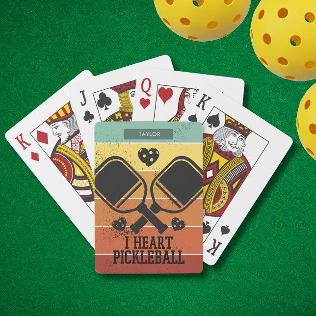 I Love Pickleball Retro Stripes Monogram Name  Playing Cards (Personalize with a Name. Ideal for the pickleballer in your life)