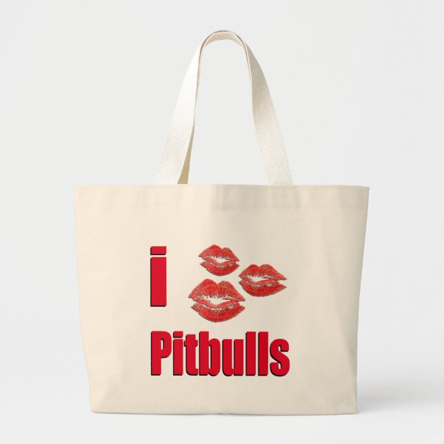 I Love Pitbull Dogs, Lipstick Kisses Crazy Large Tote Bag (Front)
