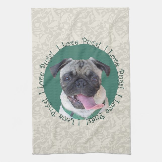 I Love Pugs! Tea Towel (Vertical)