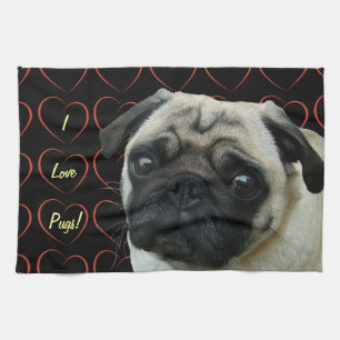 I Love Pugs with Hearts Tea Towel