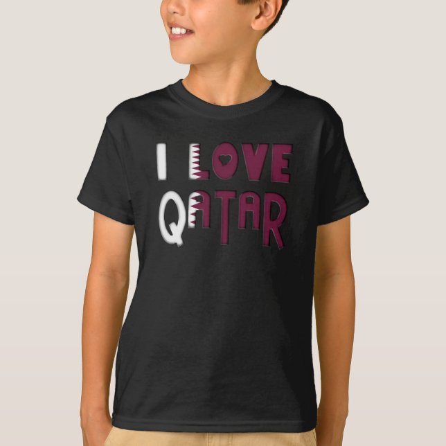 I Love Qatar Flag Colours Heart Typography T-Shirt (Front)