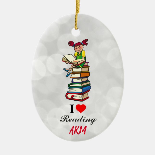I Love Reading Books Monogram Christmas Ceramic Tree Decoration (Front)