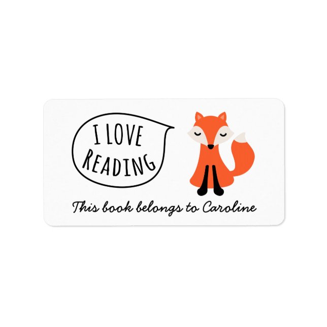 I love reading cute cartoon fox bookplate book label (Front)