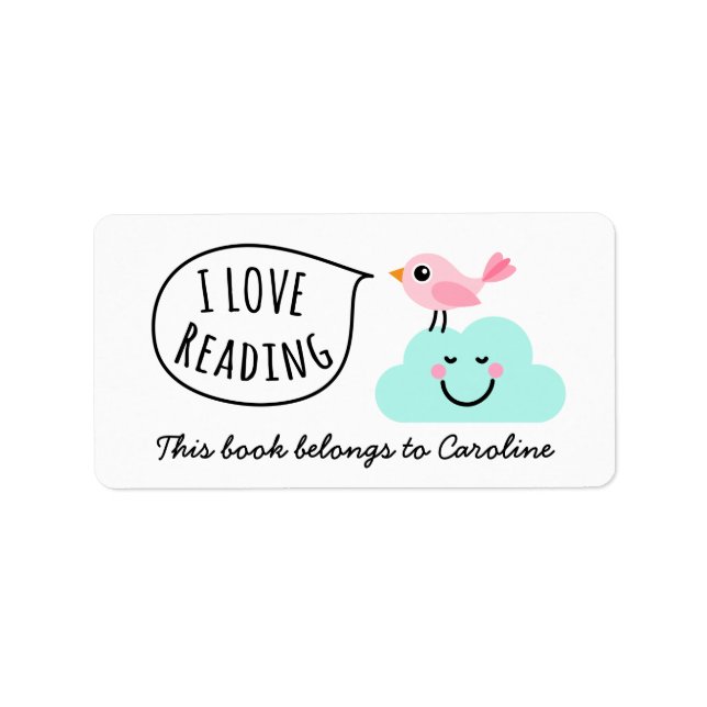 I love reading pink bird happy cloud bookplate label (Front)