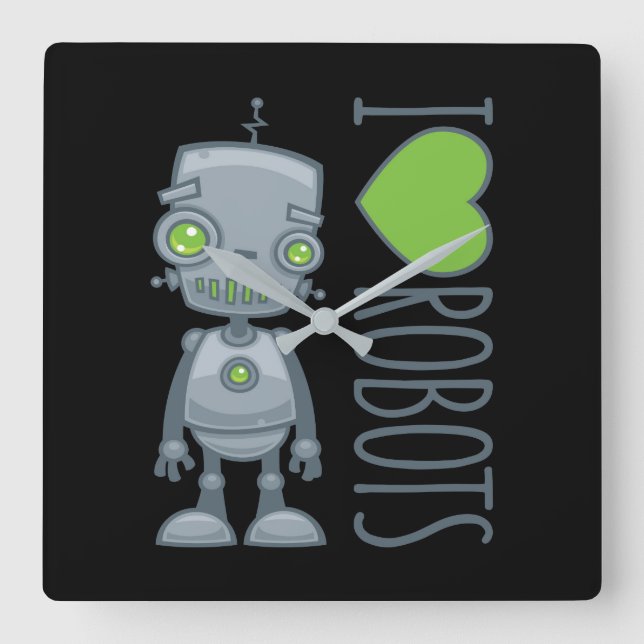 I Love Robots Square Wall Clock (Front)