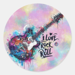 I Love Rock N Roll Electric Guitar Music Art Blue  Classic Round Sticker