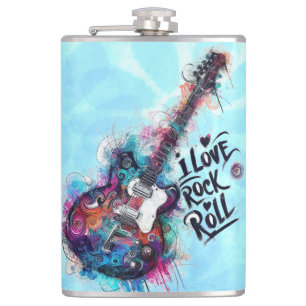 I Love Rock N Roll Electric Guitar Music Art Blue  Hip Flask