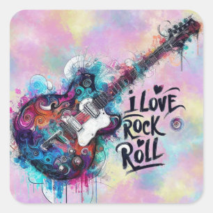 I Love Rock N Roll Electric Guitar Music Art Blue  Square Sticker