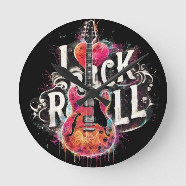 I Love Rock N Roll Electric Guitar Painting Round Clock (Front)