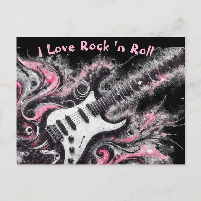 I Love Rock N Roll Electric Guitar Pink Black Postcard (Front)