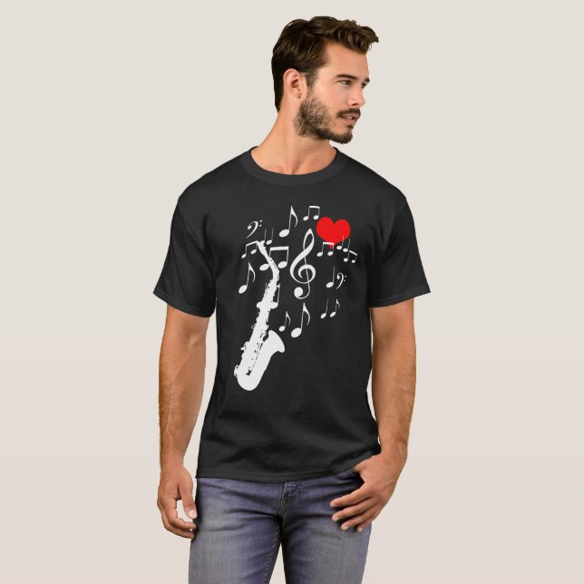 I Love Saxophone Music black funny T-Shirt (Front Full)