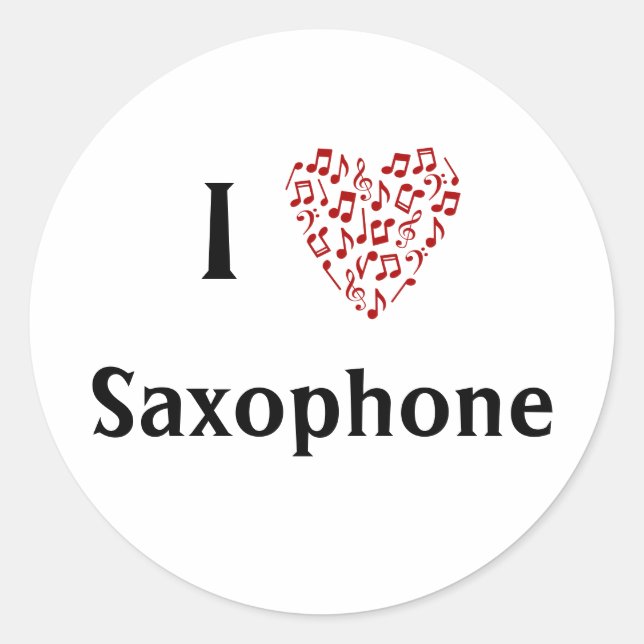 I Love Saxophone Red Heart of Music Notes Classic Round Sticker (Front)