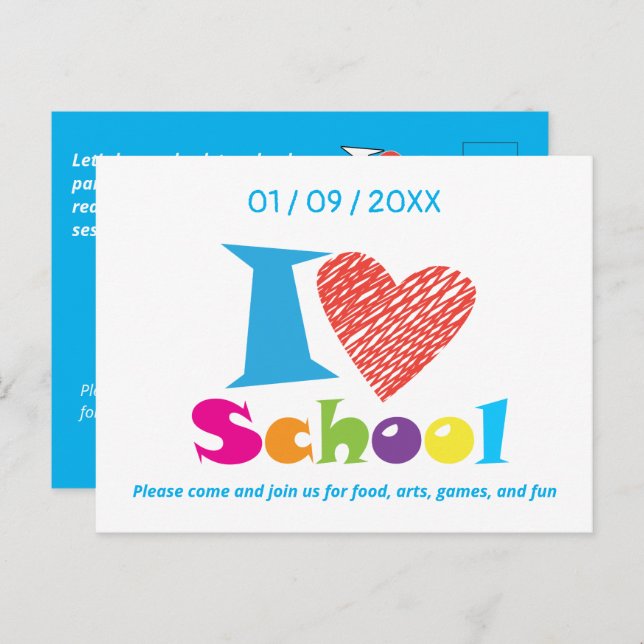 I Love School. Back to School. Cartoon Invitation Postcard (Front/Back)