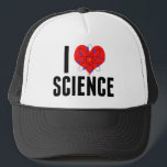 I Love Science Cool Scientist Atom Model Trucker Hat<br><div class="desc">Cute I Love Science hat customised with your name. Features an atom model in front of the heart. Perfect geek gift for a science teacher.</div>