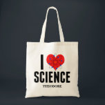I Love Science Personalised Scientist Atom Model Tote Bag<br><div class="desc">Cute I Love Science tote bag monogrammed with your name. Features an atom model in front of the heart. Perfect geek gift for a science teacher.</div>