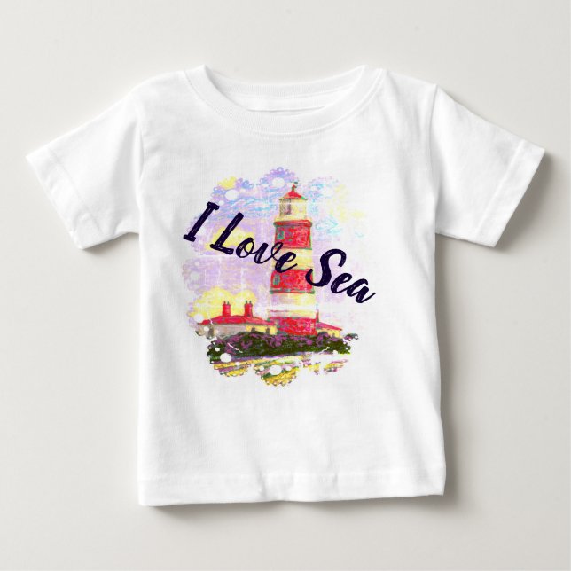 I Love Sea with a Lighthouse and a Shell Baby T-Shirt (Front)