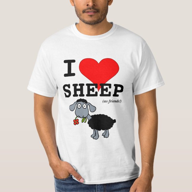 I Love Sheep (as friends) Big Red Heart Black Lamb T-Shirt (Front)