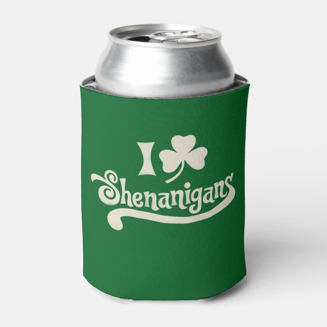 I Love Shenanigans Clover Shamrock St Patrick's Can Cooler (Can Front)