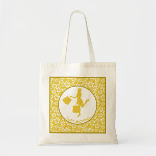 I Love Shopping Colourful Gold Floral Pattern Tote Bag