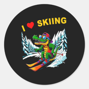I Love Skiing Fun Cartoon Alligator Winter Sports Classic Round Sticker