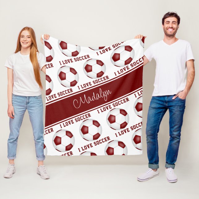 I love soccer text pattern girls maroon white fleece blanket (In Situ)