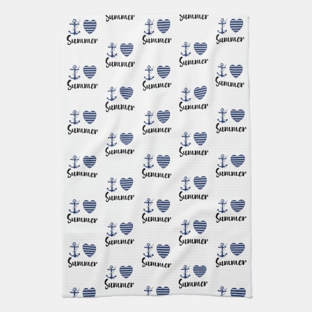 I Love Summer Anchor And Striped Heart Tea Towel (Vertical)