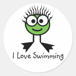 I Love Swimming - Green CharacterStickers Classic Round Sticker