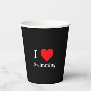 I love Swimming Typography & Red Heart Black Paper Cups